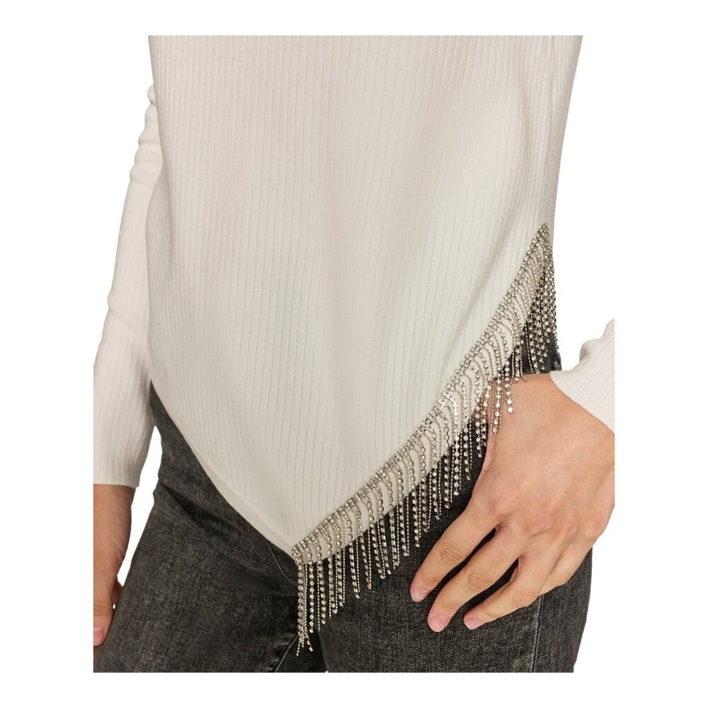 KARL LAGERFELD Asymmetrical Crystal-Trim Ivory Sweater Size S MSRP $119 - Picture 3 of 5